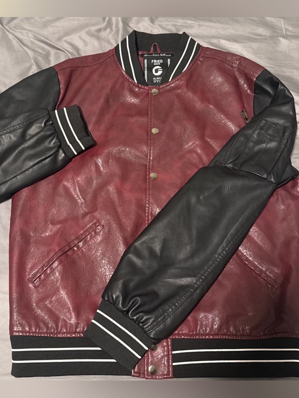 Men's Burgundy and Black Leather Varsity Bomber Jacket